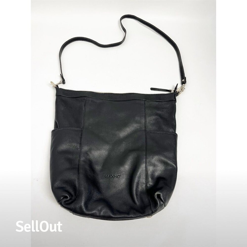VIA XHO Women's Black Leather Shoulder Bag Adjustable Strap